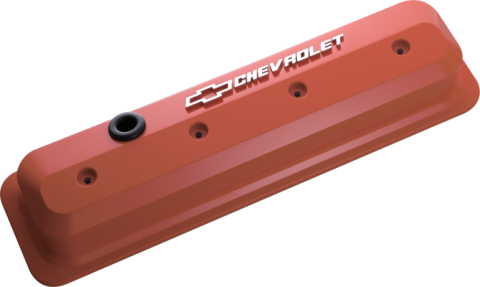 Valve Covers SBC 87-Pres LS Ctr Bolt Tall Alum Orange Raised Emblems Raised Chevrolet & Bowtie Logos Chevrolet Performance Parts