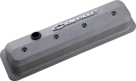 Valve Covers SBC 87-Pres LS Ctr Bolt Tall Alum Cast Gray Raised Emblems Raised Chevrolet & Bowtie Logos Chevrolet Performance Parts