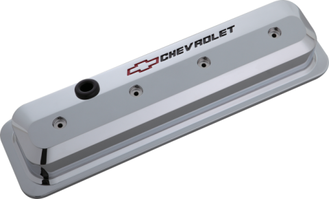 Valve Covers SBC 87-Pres LS Ctr Bolt Tall Alum Chrome Recessed Emblems Recessed Black Chevrolet & Red Bowtie Logos Chevrolet Performance Parts
