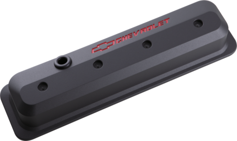 Valve Covers SBC 87-Pres LS Ctr Bolt Tall Alum Black Crinkle Rec Emblems Recessed Red Chevrolet & Bowtie Logos Chevrolet Performance Parts