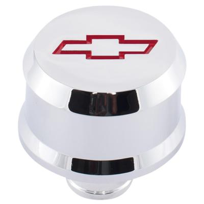 Slant-Edge Aluminum Push-In Air Breather Cap Chrome Finish Recessed Red Bowtie Emblem Proform