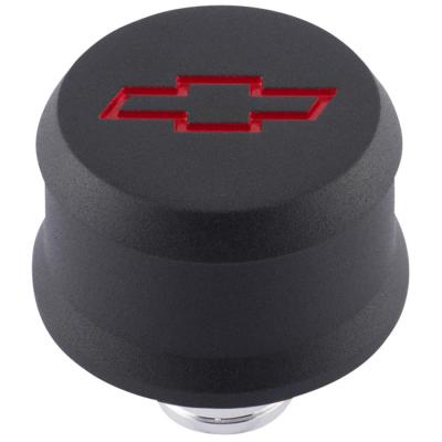 Slant-Edge Aluminum Push-In Air Breather Cap Black Crinkle Finish Recessed Red Bowtie Emblem Proform
