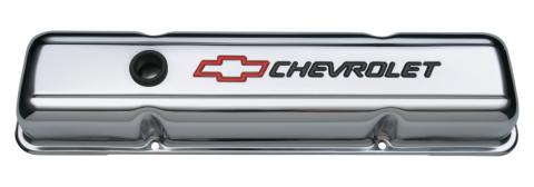 Engine Valve Covers Stamped Steel Short Chrome w/ Bowtie Logo Fits SB Chevy Embossed Black Chevrolet &amp; Red Bowtie Logos Chevrolet Performance Parts