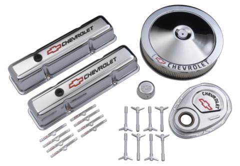 Engine Dress-Up Kit Chrome w/Red Chevy Logo Fits SB Block Chevy Engines Tall Chrome Chevrolet Performance Parts