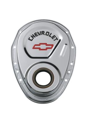 Timing Chain Cover Chrome Steel With Chevy and Bowtie Logo Red SB Chevy 69-91 Chevrolet Performance Parts