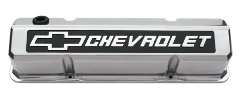 Valve Covers Slant Edge Tall Die Cast Polished w/Raised Bowtie Logo SB Chevy Raised Chevrolet & Bowtie Logos Chevrolet Performance Parts
