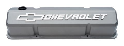 Valve Covers Slant Edge Tall Die Cast Gray w/Raised Bowtie Logo For SB Chevy Raised Chevrolet & Bowtie Logos Chevrolet Performance Parts