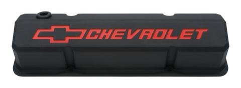 Valve Covers Slant Edge Tall Die Cast Black w/Recessed Bowtie Logo SB Chevy Recessed Red Chevrolet & Bowtie Logos Chevrolet Performance Parts