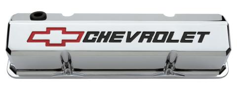 Valve Covers Slant Edge Tall Die Cast Chrome w/Recessed Bowtie Logo SB Chevy Recessed Black Chevrolet & Red Bowtie Logos Chevrolet Performance Parts