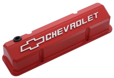 Valve Covers Slant Edge Tall Die Cast Red W/Raised Bowtie Logo SB Chevy Raised Chevrolet & Bowtie Logos Chevrolet Performance Parts