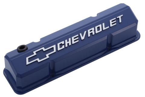 Valve Covers Slant Edge Tall Die Cast Blue W/Raised Bowtie Logo SB Chevy Raised Chevrolet & Bowtie Logos Chevrolet Performance Parts