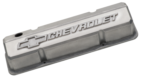 Valve Covers Slant Edge Tall Alum Unpolished W/Raised Bowtie Logo SB Chevy Raised Chevrolet & Bowtie Logos Chevrolet Performance Parts