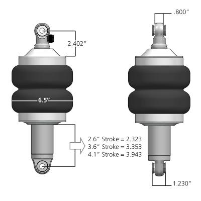 Front HQ Shockwaves 1000 Series W/ 2.9 Inch Stroke, 1.7 Inch Eye Pair Of Rebound Adjustable Shock waves 6.5 Inch Dble Convoluted W/ 1/4 Inch Fittings And Bearing Spacers 1/2 Inch And 5/8 Inch 9.3 Inch X 11.6 Inch W/ A 10.5 -10.75 Inch Ride Height Ridetech