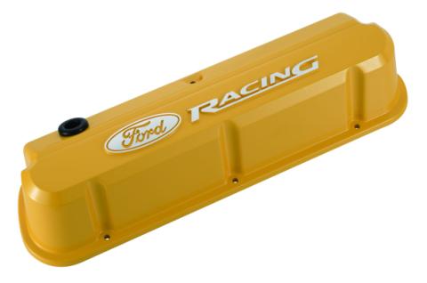 Valve Covers Slant Edge Tall Die Cast Yellow w Raised Ford Logo SB Ford Raised Ford Racing Logo Ford Racing