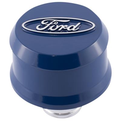 Slant-Edge Aluminum Push-In Air Breather Cap Ford Blue Raised Machined Oval Ford Emblem Proform