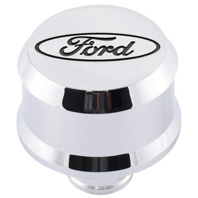 Slant-Edge Aluminum Push-In Air Breather Cap Chrome Finish Recessed Black Oval Ford Emblem Proform