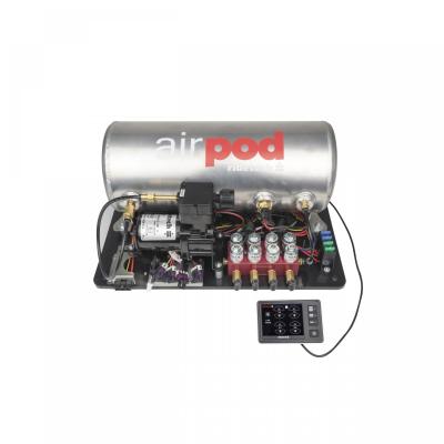 3 Gallon Airpod W/ Ridepro E5 Air Suspension Controller Air Compressor 3 Gallon Tank Ridepro Electric Valve Touch Screen Display Ecu Pressure Sensors Wiring Harness 1/4 Inch Airline And Fittings Assembled On An Abs Board Ridetech