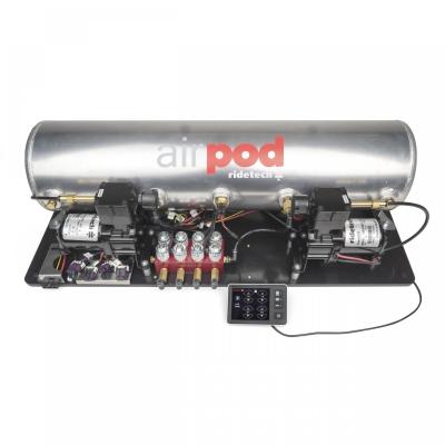 5 Gallon Airpod W/ Ridepro E5 Air Suspension Controller 2 Air Compressors 5 Gallon Tank Ridepro Electric Valve Touch Screen Display Ecu Psi Sensors Wiring Harness 1/4 Inch Airline And Fittings Assembled On An Abs Board Ridetech