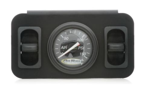 2-Way Pneumatic Analog Control Panel For Air Suspension 1 Dual Needle Black Face Gauge 2 Pneumatic Toggle Switches And A Black Steel Panel Ridetech