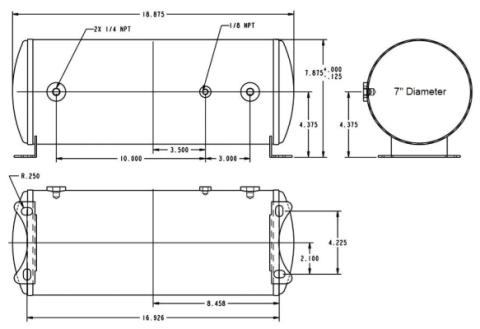 3 Gallon Aluminum Air Tank W/ Two 1/4 Inch NPT Ports And One 1/8 Inch NPT Port18.875 Inch Long And 7 Inch Diameter Ridetech