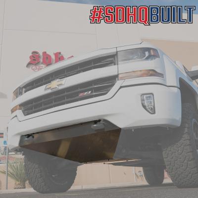 16-18 Silverado Stock Bumper Skid Plate Deletes OEM Tow Hooks With Oil Pan Skid SDHQ Offroad
