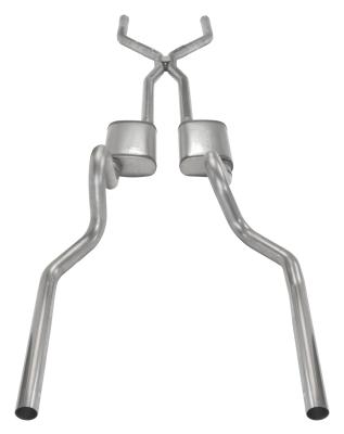 Crossmember Back w/H-Pipe Exhaust System 71-73 Mustang Split Rear Dual Exit 2.5 in Intermediate And Tail Pipe Hardware Incl Muffler And Tip Not Incl Pypes Exhaust