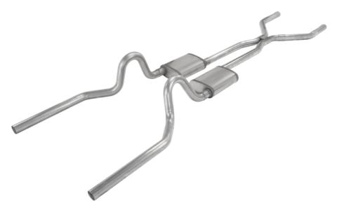1970-1973 Mustang 2.5 Inch Crossmember Back Exhaust System With H-Bomb H-Pipe 409 Stainless Turbo Pro Mufflers SFM44T
