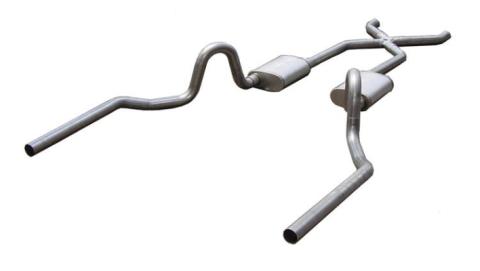 Crossmember Back w/X-Pipe Exhaust System 64-74 GM A Body Split Rear Dual Exit 3 in Intermediate And Tail Pipe Hardware Incl Muffler And Tip Not Incl Pypes Exhaust
