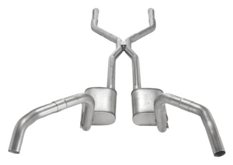 Crossmember Back w/H-Pipe Exhaust System 67-69 Split Rear Dual Exit 3 in Intermediate And Tail Pipe Violator Mufflers/Hardware Incl Tip Not Incl Natural 409 Stainless Steel Pypes Exhaust