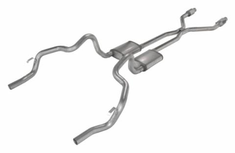 Crossmember Back w/H-Pipe Exhaust System 75-81 F-Body Split Rear Dual Exit 2.5 in Intermediate And Tail Pipe Hardware Incl Muffler And Tip Not Incl Catalytic Converter Incl Pypes Exhaust