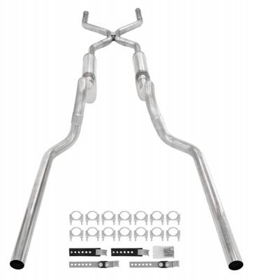 Crossmember Back W/ H-Pipe Exhaust System 63-66 GM Truck Split Rear Dual Exit 2.5 Inch Intermediate And Tailpipe Hardware Incl Turbo Pro Muffler Incl And Tip Not Incl Stainless Steel Pypes Exhaust