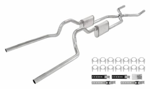 Crossmember Back W/ H-Pipe Exhaust System 63-66 GM Truck Split Rear Dual Exit 2.5 Inch Intermediate And Tailpipe Hardware Incl Turbo Pro Muffler Incl And Tip Not Incl Stainless Steel Pypes Exhaust