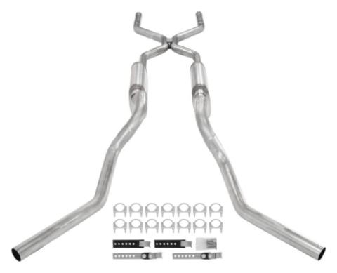 Crossmember Back W/ H-Pipe Exhaust System 63-66 GM Truck Split Side Dual Exit 2.5 Inch Intermediate And Tailpipe Hardware Incl Violator Muffler Incl And Tip Not Incl Stainless Steel Pypes Exhaust