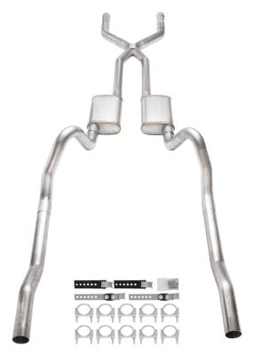 1966-1974 Mopar B-Body 3 Inch Crossmember Back Exhaust System With X-Pipe 409 Stainless With No Mufflers SMB13