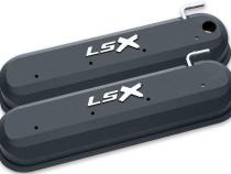 Raised LSX Emblem Aluminum Valve Covers, Black Crinkle, LS Engines Raised &amp;amp; Milled LSX Logo Chevrolet Performance Parts